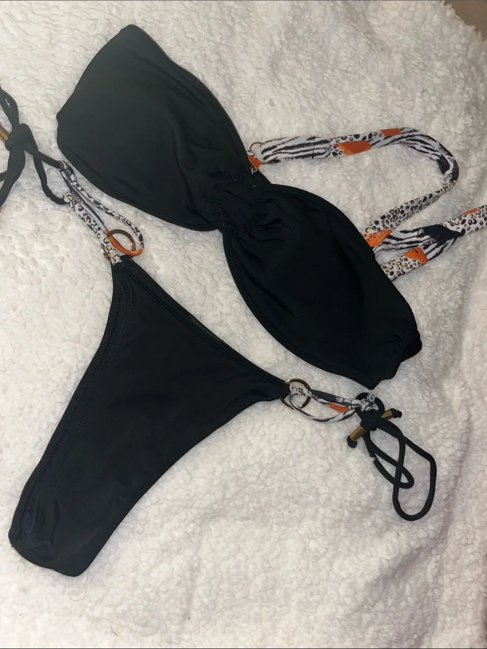 Black Bandeau Bikini Set with Patterned Straps